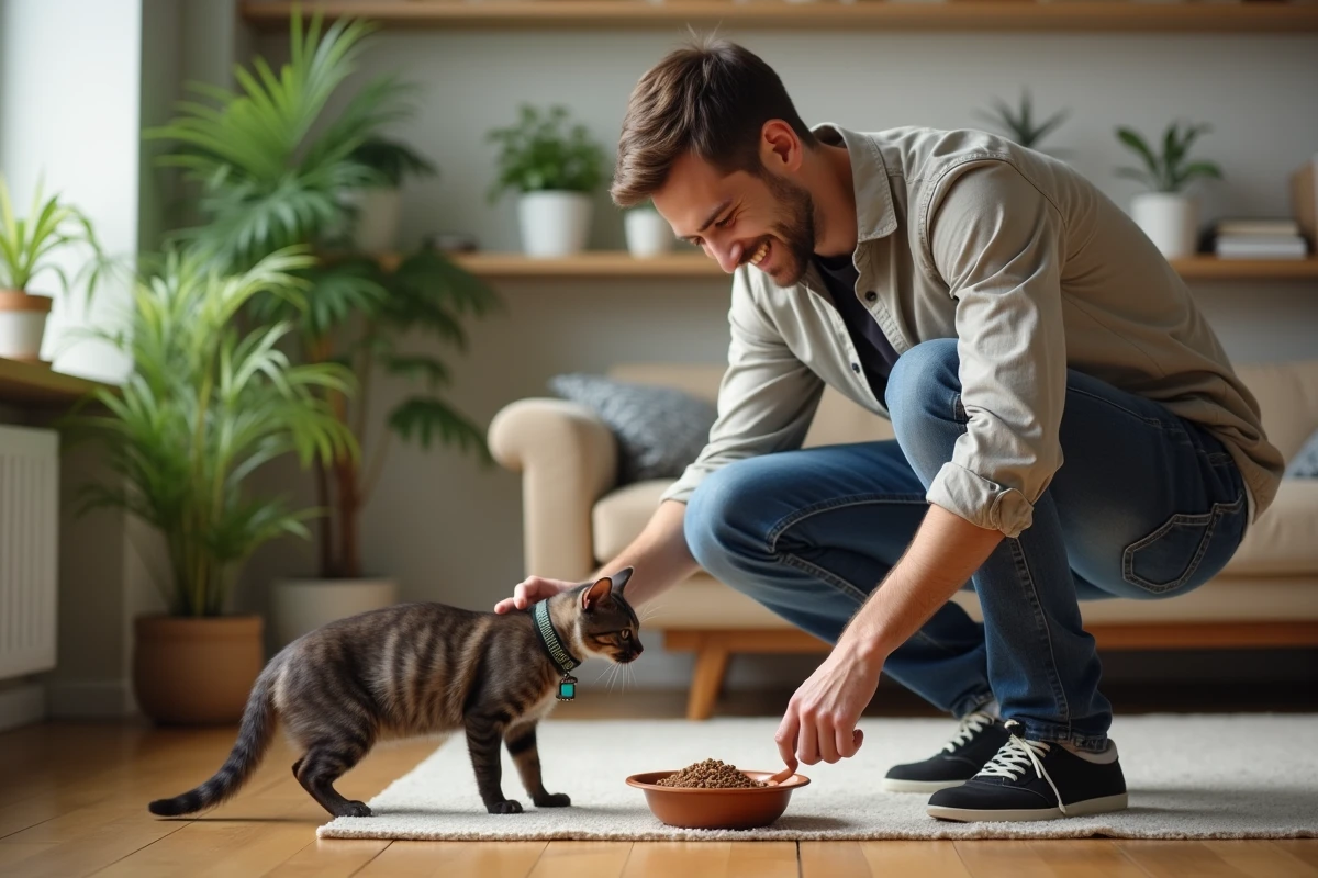 Jeune homme donnant à manger à un chat dans le salon