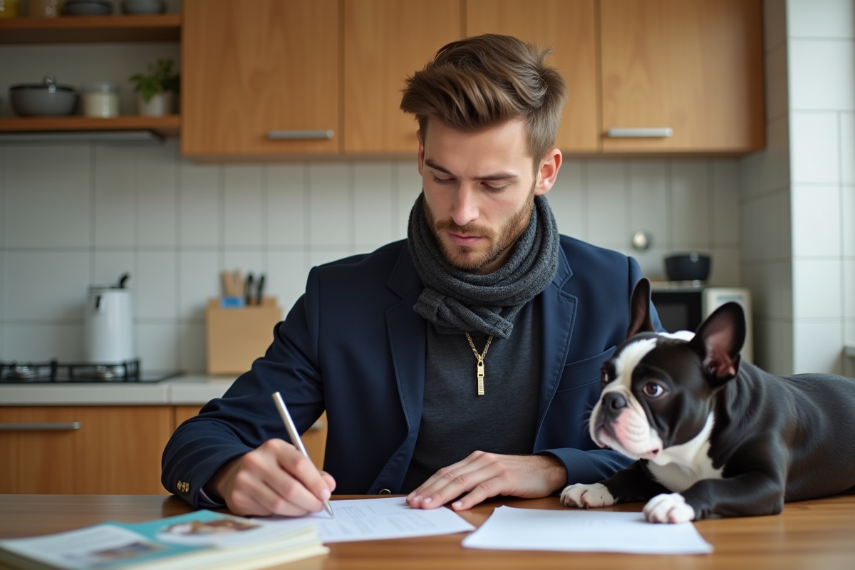 Jeune homme avec chien dans une cuisine lumineuse