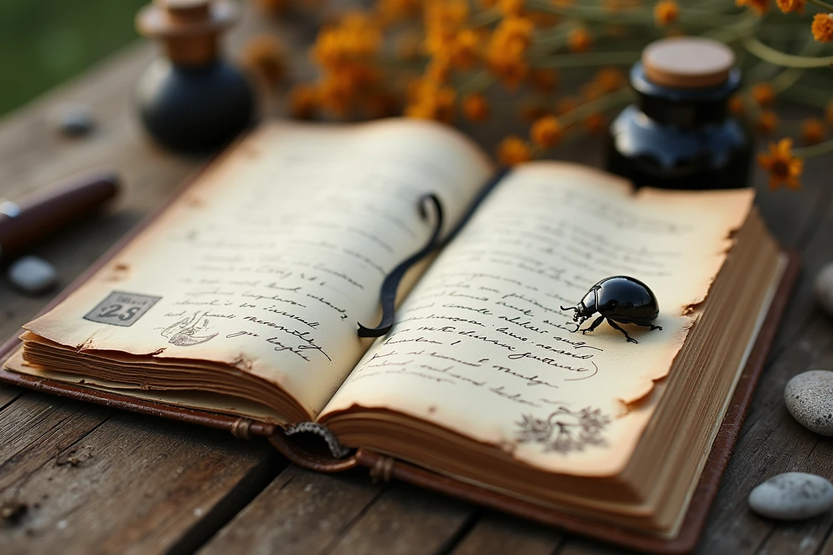 Journal ouvert avec une coccinelle noire posée sur les pages illustrant la réflexion personnelle et la signification symbolique du rêve