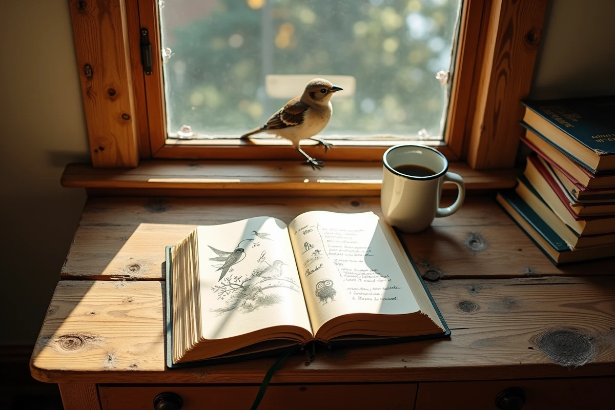 Journal illustré de symbolique des oiseaux posé sur un bureau en bois avec un moineau sur le rebord de la fenêtre