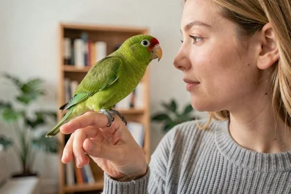 Kakariki perché sur le doigt d'une femme dans un appartement moderne, idéal pour illustrer la vie avec un perroquet en intérieur