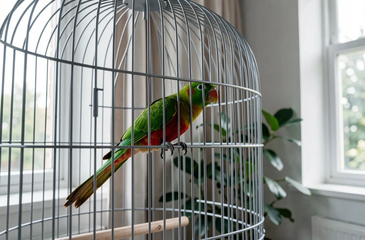 Kakariki dans une grande cage spacieuse installée dans un coin d'appartement, illustrant les besoins en espace de ce perroquet en captivité