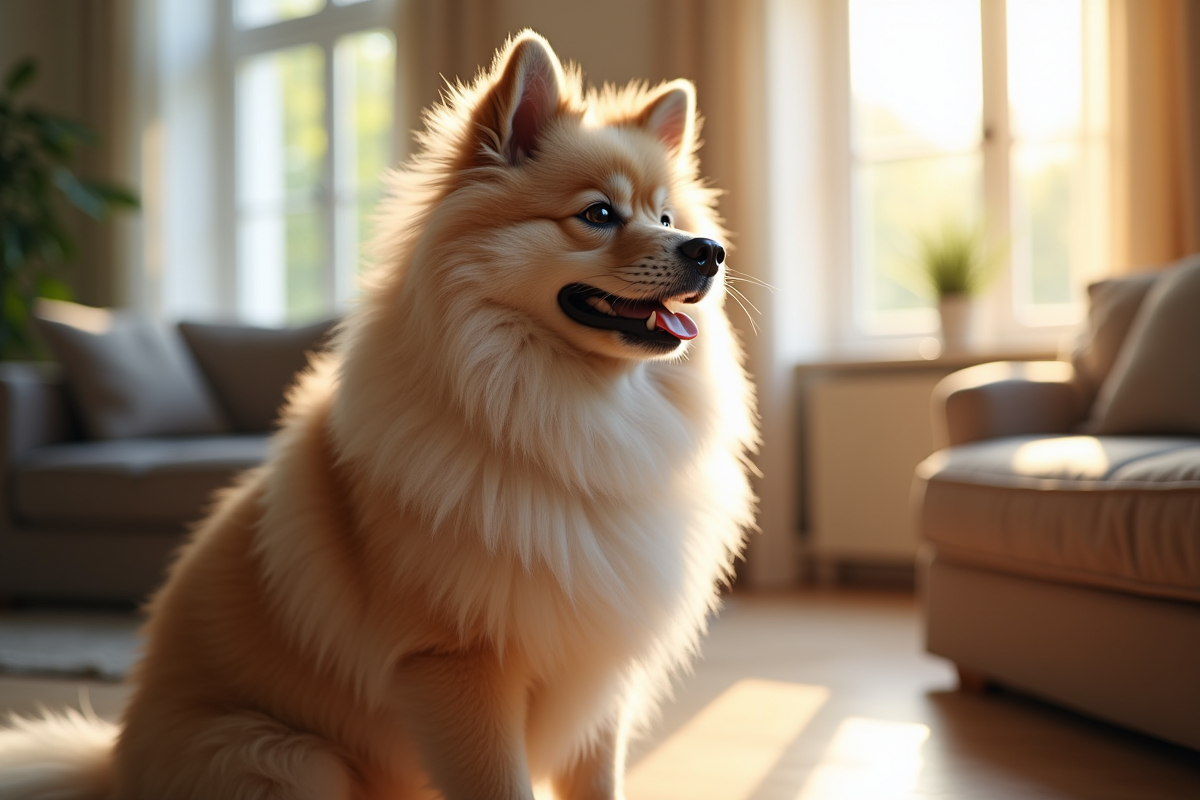 Keeshond assis dans un salon lumineux en matinée