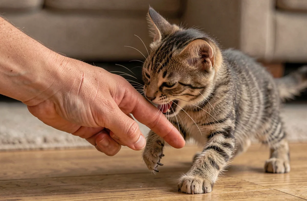 Une main servant de jouet à un chaton qui mord et griffe, illustrant l'erreur d'utiliser ses mains pour jouer