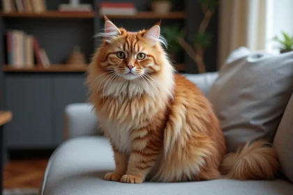 Chat Maine Coon aux longs poils roux et beige assis sur un canapé gris dans un appartement moderne