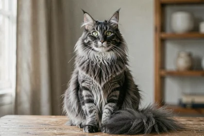 Maine Coon black smoke adulte assis sur une surface en bois, fourrure noire aux reflets argentés bien visible, photo réaliste pour guide d'achat responsable