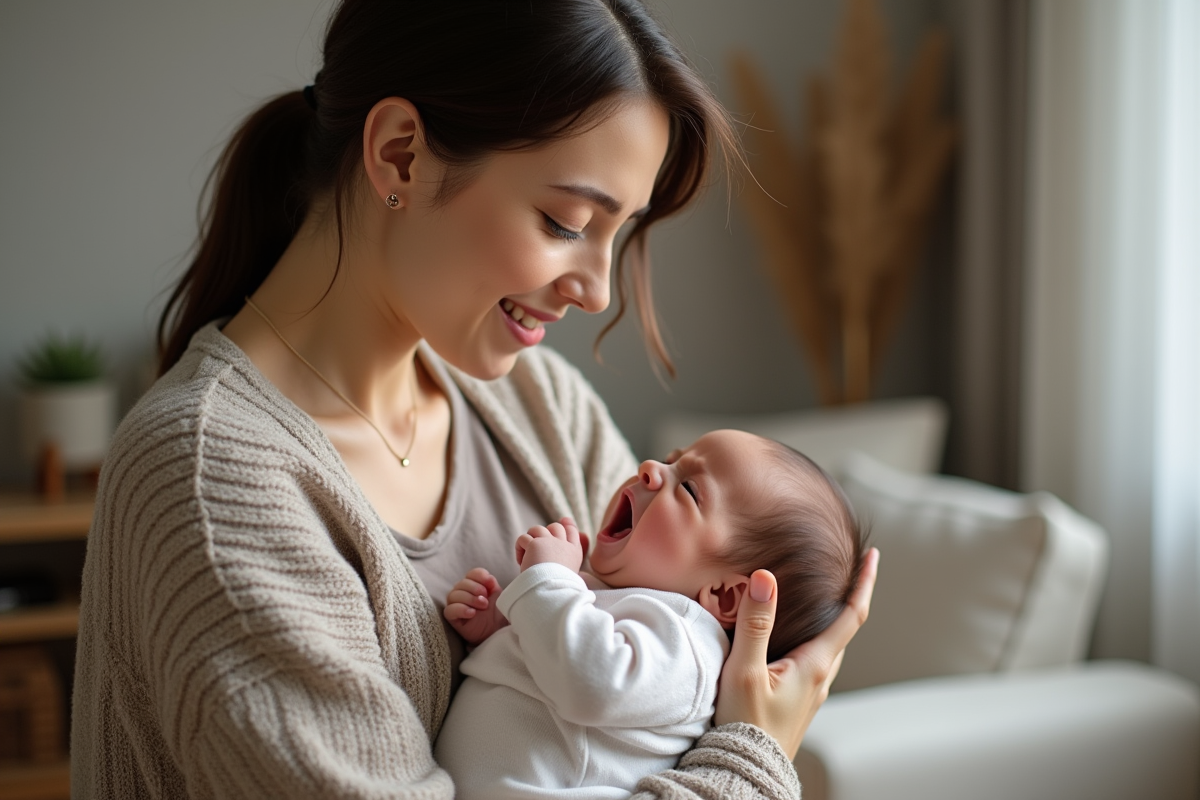 Jeune maman douce tenant son bébé dans un salon moderne