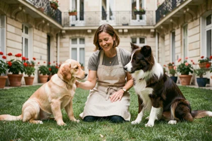 Éleveuse professionnelle entourée de plusieurs races de chiens dans une cour parisienne avec façades haussmanniennes en arrière-plan