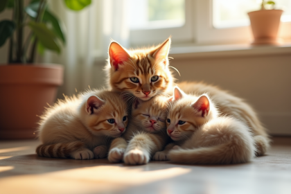 Chatons câlins avec leur mère dans un salon ensoleille