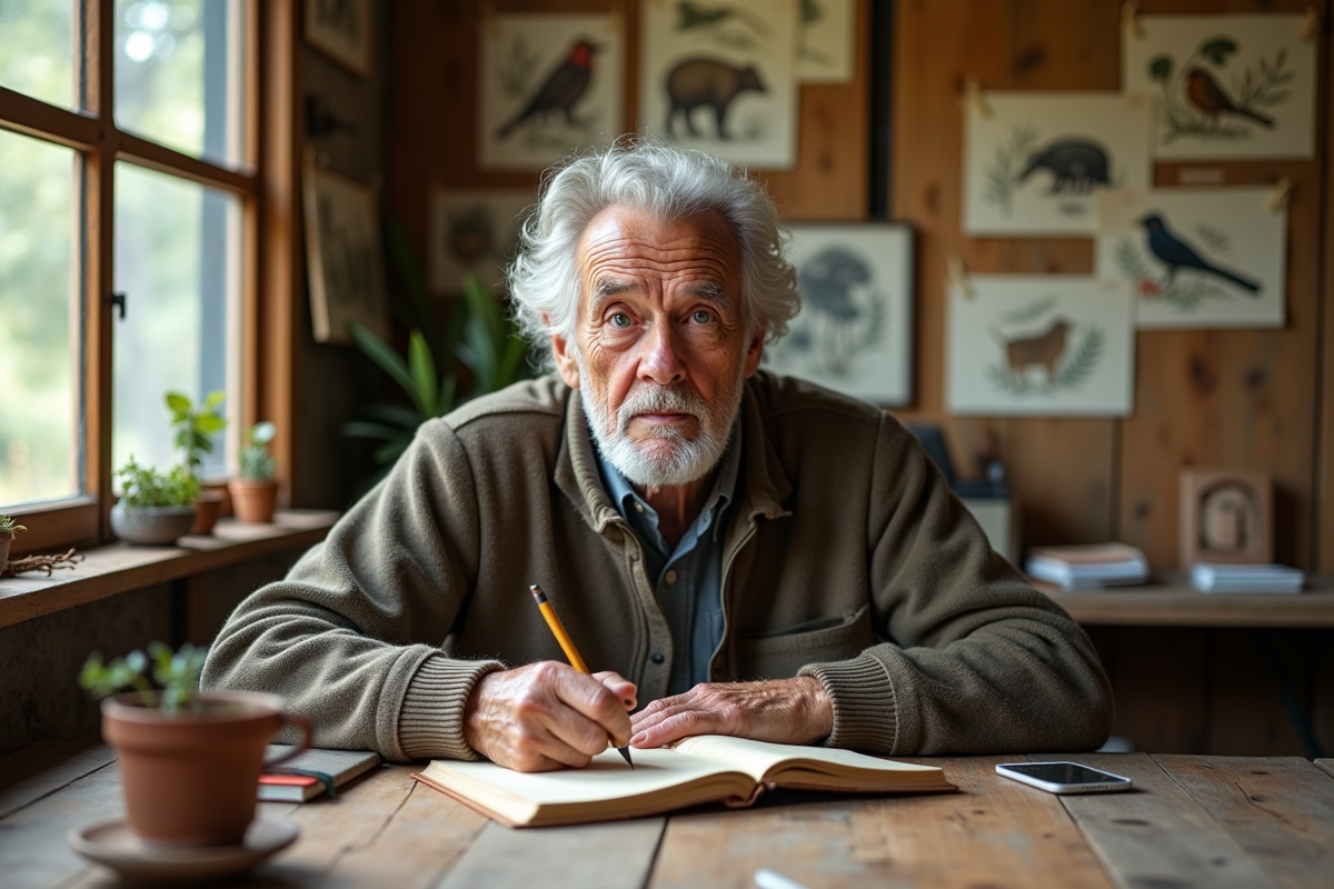 Naturaliste âgé écrivant dans un journal avec illustrations d