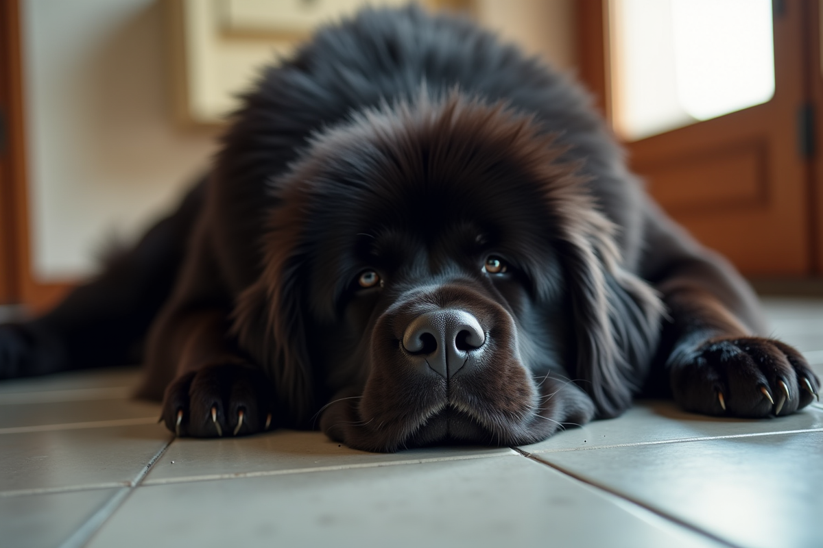 Chien Newfoundland au sol intérieur avec pelage brillant