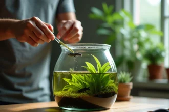 Mains nourrissant un têtard dans un aquarium en verre avec de la spiruline en poudre