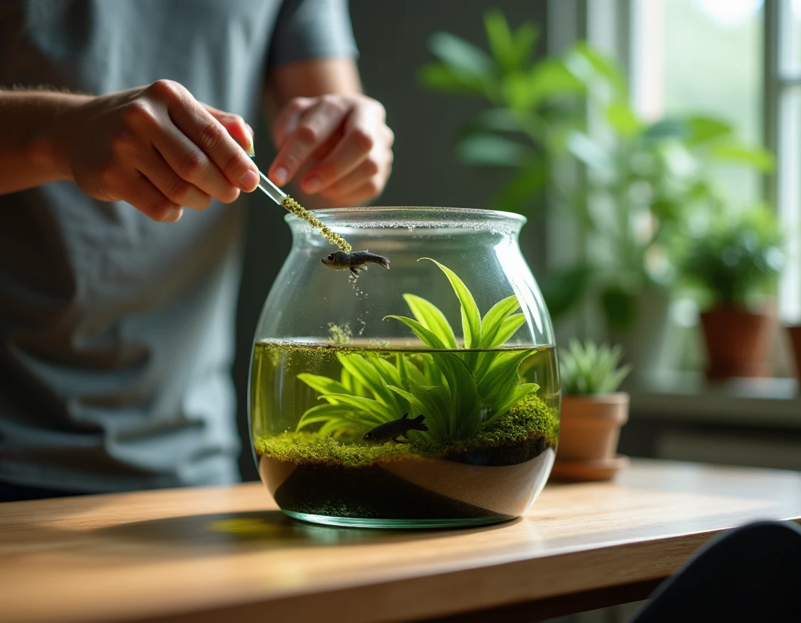 Mains nourrissant un têtard dans un aquarium en verre avec de la spiruline en poudre