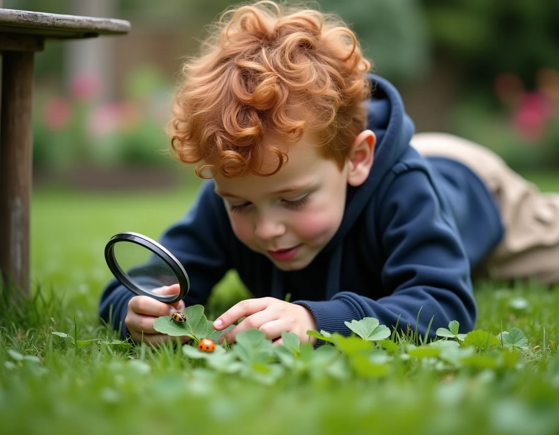 Enfant observant des insectes dans le jardin avec une loupe pour apprendre leurs noms