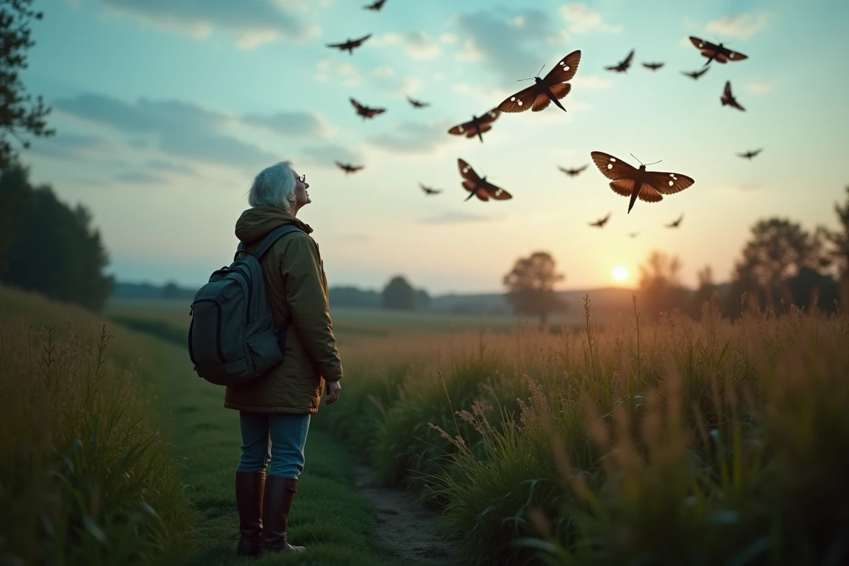 Femme observant des papillons de nuit au crépuscule