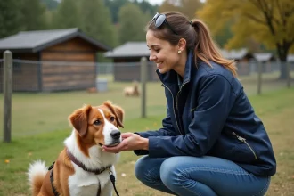 Jeune femme sauveteuse caressant un chien dans un refuge animalier