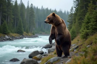 Ours kodiak adulte debout au bord d'une rivière glaciaire en Alaska, entouré d'une forêt de sapins et de rochers couverts de mousse