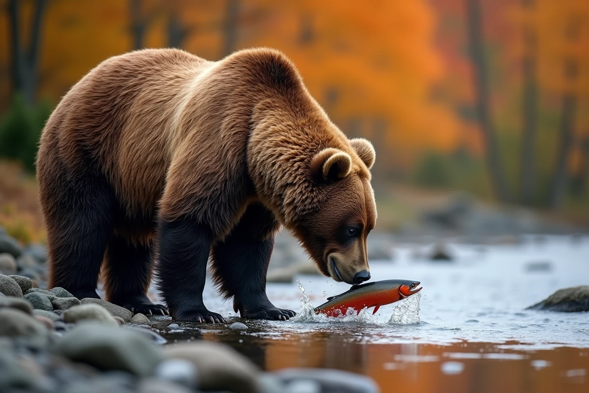 Ours kodiak chassant le saumon rouge dans un ruisseau peu profond avec des reflets de feuillage automnal sur l'eau