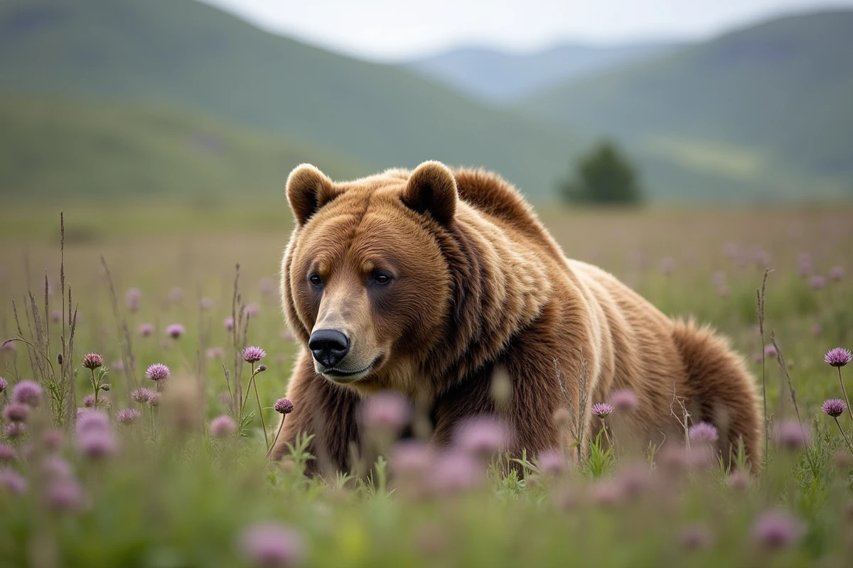 Ours kodiak se reposant dans une prairie de hautes herbes sauvages et d'épilobe en fleurs, en position détendue