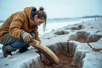 Paléontologue dégageant une défense de mammouth fossilisée dans le pergélisol sibérien lors d'une fouille scientifique
