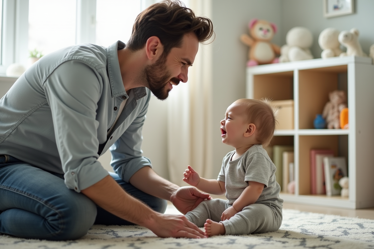 Père rassurant avec son enfant dans une nurserie lumineuse