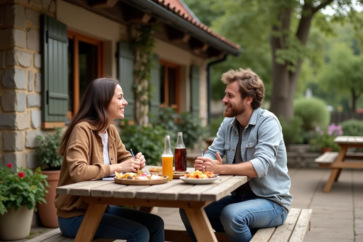 Couple en pause gourmande sur la terrasse extérieure de l'Arche De Méo