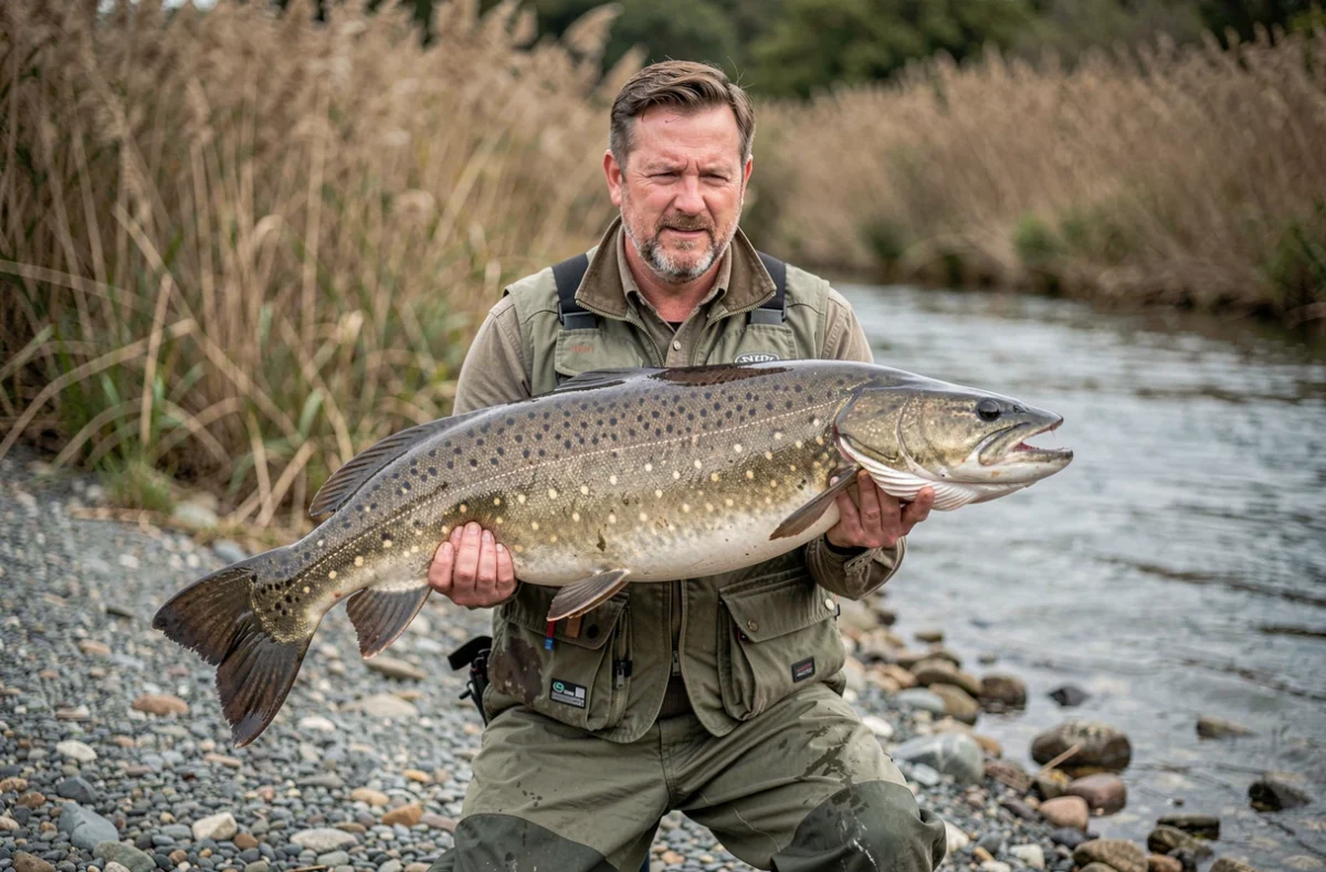 Pêcheur tenant un silure géant dans ses bras sur les berges d'une rivière, poisson trophée de grande taille