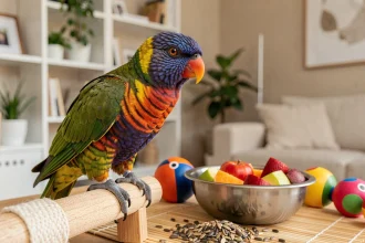 Perruche omnicolore aux plumes colorées perchée sur un support en bois dans un appartement moderne, entourée de jouets et de bols de nourriture