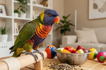 Perruche omnicolore aux plumes colorées perchée sur un support en bois dans un appartement moderne, entourée de jouets et de bols de nourriture