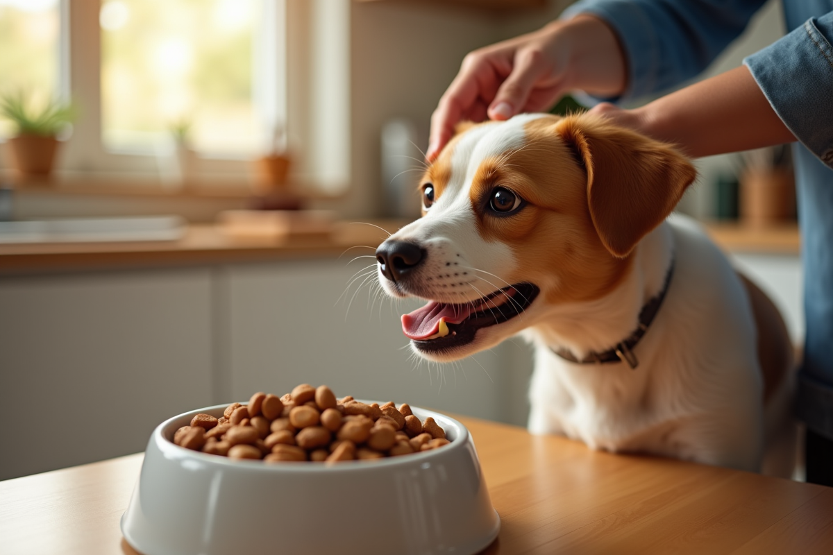 Personne versant des croquettes dans un bol de chien en cuisine