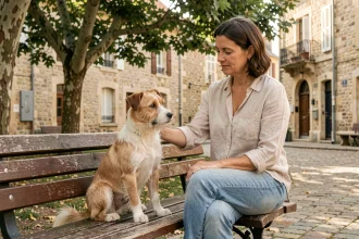 Femme évaluant un petit chien à adopter dans un square de ville en France