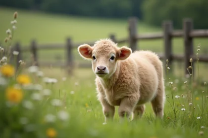 Jeune vache miniature peluche dans un pré verdoyant