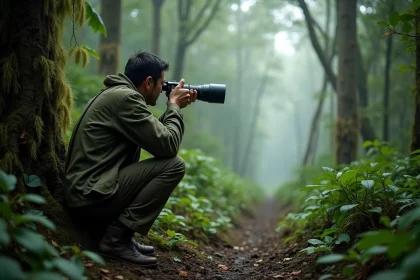 Photographe animalier en embuscade dans une forêt tropicale dense cherchant à capturer un animal rare en voie de disparition