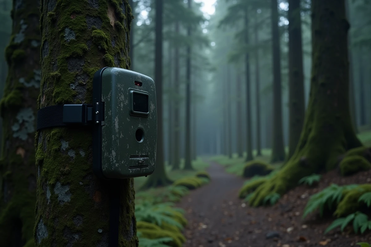 Piège photographique fixé sur un arbre en forêt pour tenter de capturer en image l'animal le plus rare du monde