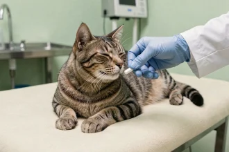 Vétérinaire administrant une pilule contraceptive à une chatte sur une table d'examen