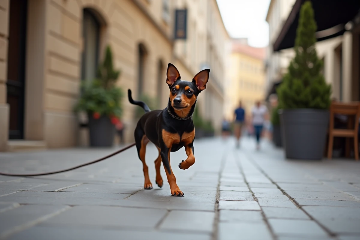 Pinscher nain au poil ras noir et feu marchant sur un trottoir pavé en ville, posture vive et alerte