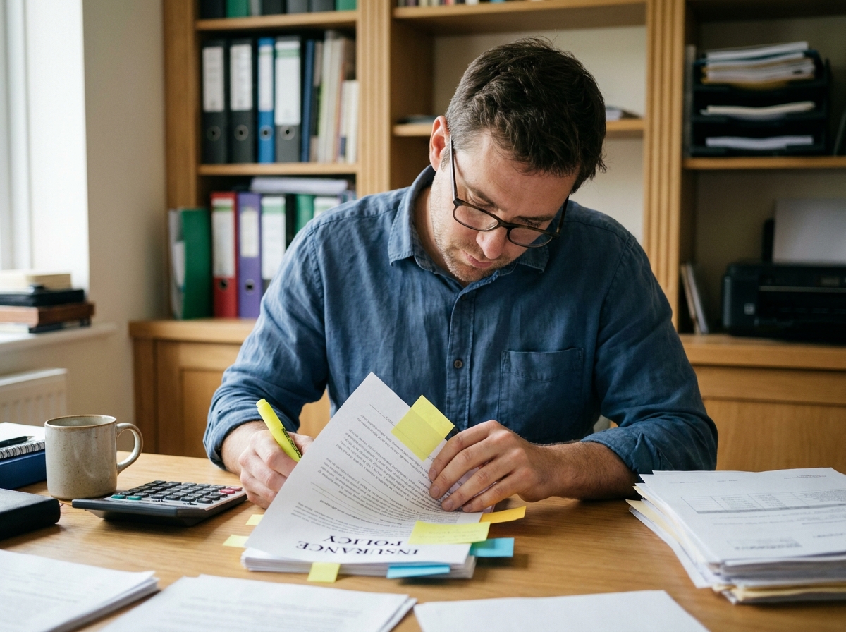 Homme analysant attentivement un contrat d'assurance animaux avec des annotations et une calculatrice sur son bureau