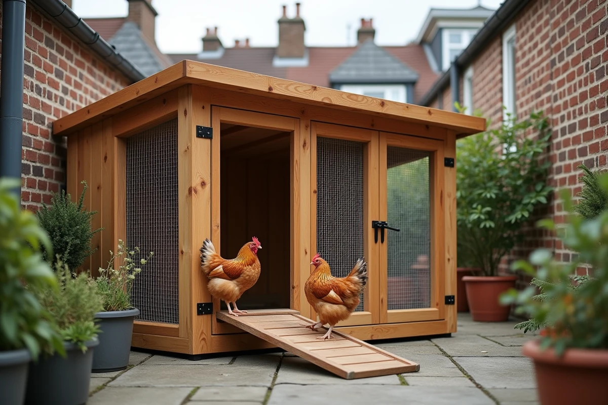 Poulailler en bois compact sur une terrasse urbaine avec des poules Plymouth Rock, adapté à l'élevage en ville