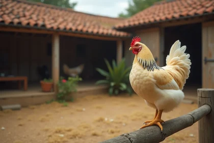 Poule de Brahma buff lacée perchée sur une clôture en bois dans une ferme rurale française, mettant en valeur son plumage dense et ses pattes emplumées