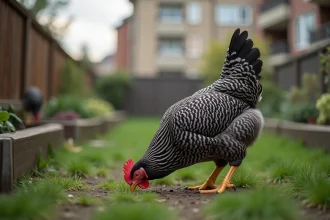 Poule Plymouth Rock aux plumes barrées noires et blanches se promenant dans un jardin urbain avec des immeubles en arrière-plan