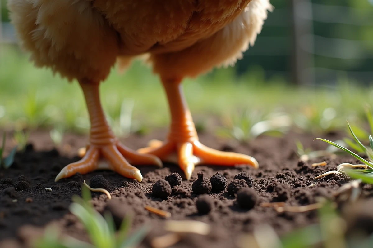 Pattes et plumes de poule près de déjections dans le sol