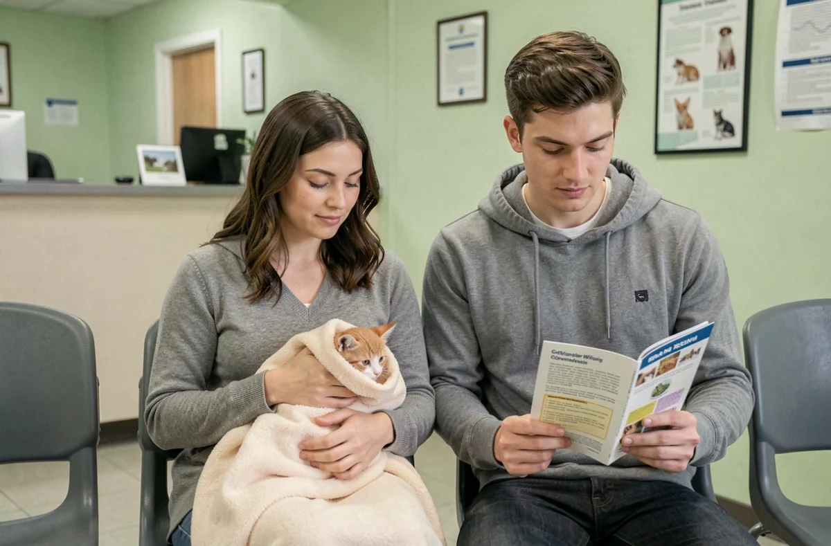 Un couple en salle d'attente vétérinaire avec un chaton, illustrant l'importance de ne pas reporter la première visite chez le vétérinaire