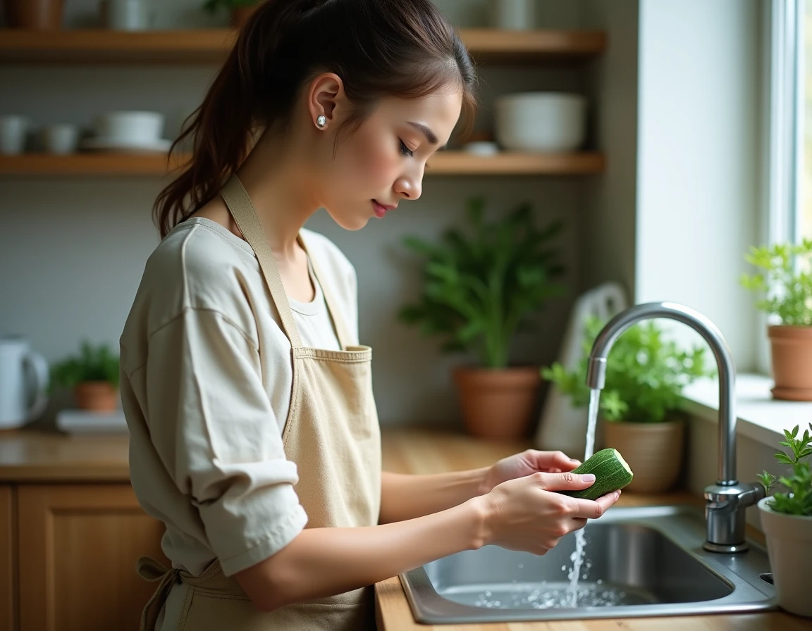 Jeune femme préparant de la courgette fraîche comme nourriture pour un têtard dans sa cuisine