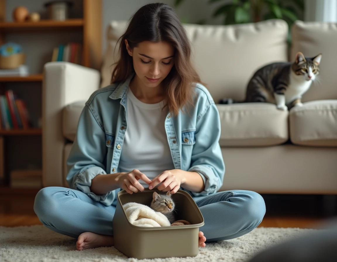 Jeune femme préparant le panier de transport de son chat avec des objets familiers pour réduire son stress avant l'adoption