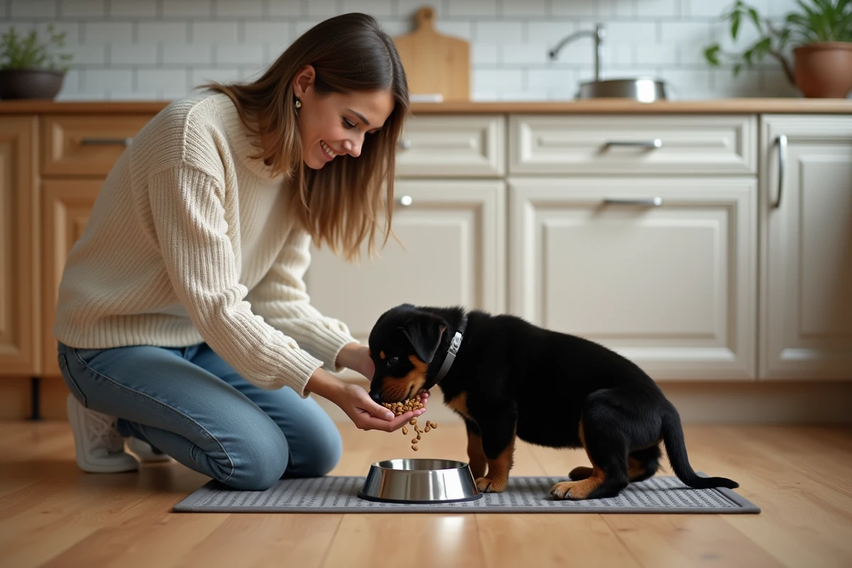 Femme préparant la gamelle d'un chiot rottweiler dans une cuisine aménagée avec des accessoires pour chien
