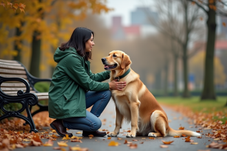 Femme avec chien golden retriever dans un parc automnal