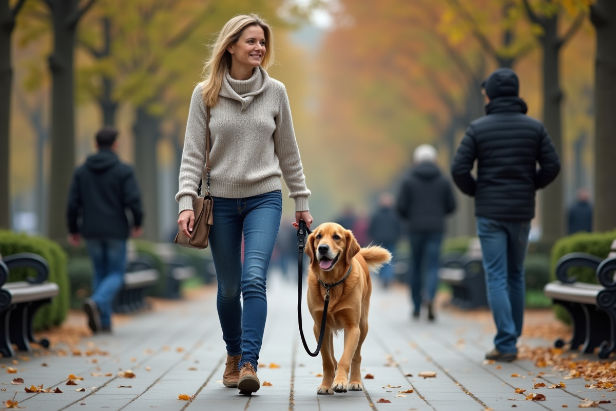 Femme avec chien dans un parc urbain en automne