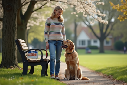Femme avec chien golden retriever dans un parc suburbain