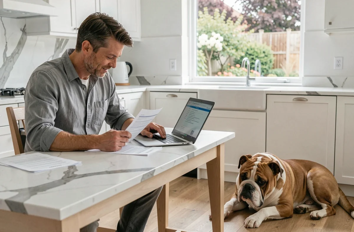 Propriétaire comparant des contrats d'assurance pour son bouledogue à poil long assis à ses pieds dans une cuisine moderne