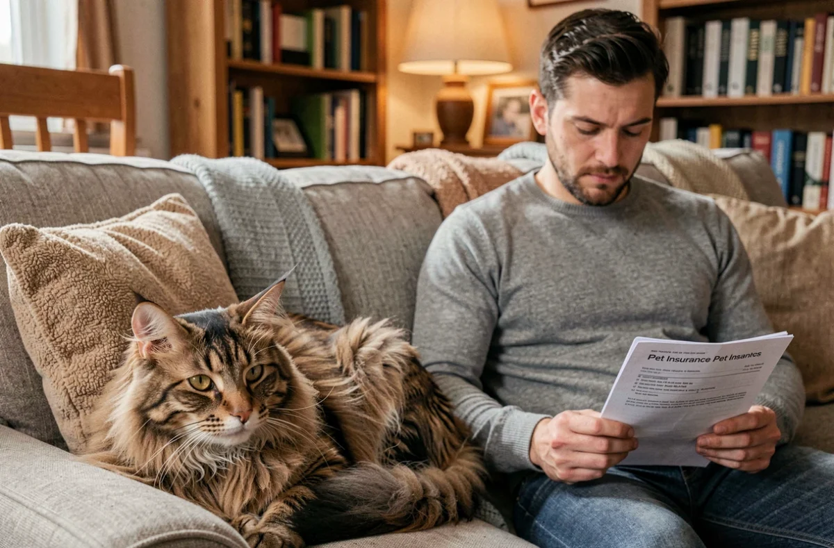Propriétaire consultant des documents d'assurance santé pour son chat Maine Coon dans un salon chaleureux